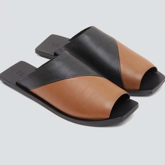 St. Agni’s Modernist Slide Asymmetrical Black Tan Square Toe sz 37 7 fits 6.5 - Picture 4 of 8